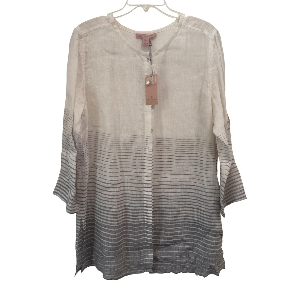 Saint Tropez West Linen Tunic Top White Grey Ombre Stripe Button Front L NWT
